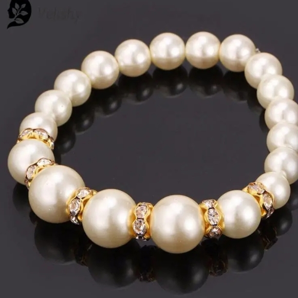 Gold-silver plated inlaid crystal jewlery set pearls earrings necklace & bracele - Picture 8 of 8